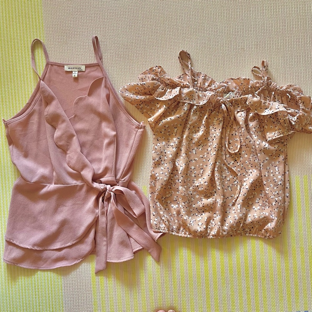 Monteau Blush Wrap and Floral Ruffle Tops